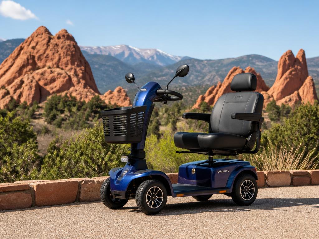 Blue mobility scooter with Garden of the Gods red rock formations in Colorado Springs