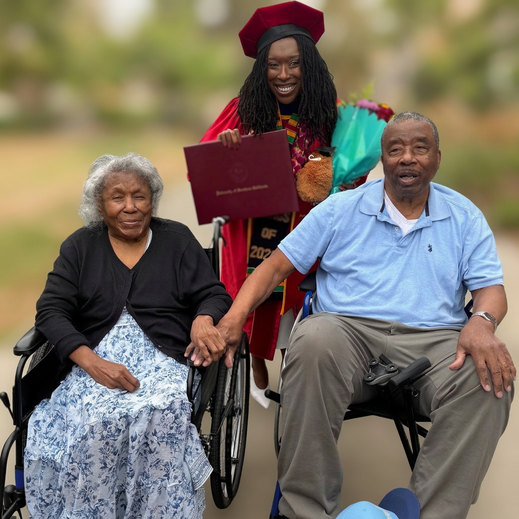 A law school graduate in cap and gown standing with her grandparents, who are seated in wheelchairs at the ceremony